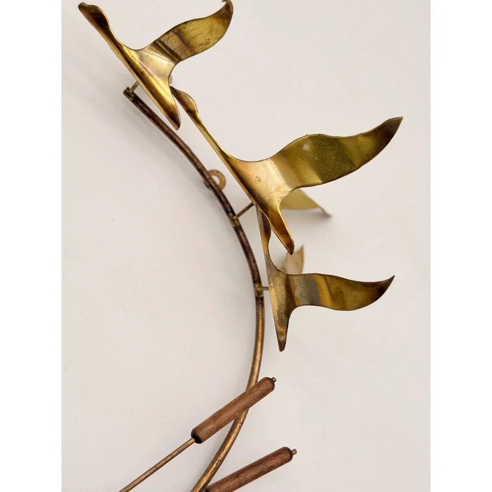 Vintage Brutalist Brass Copper Flying Geese Cattails Candle Holder Set Pair MCM